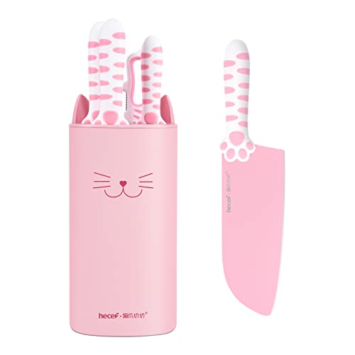 hecef Cute Kitchen Knife Set,5-piece Non-Stcik Knives Set with Detachable Block and Scissors,Sharp Kitchen Knives for Chopping, Slicing, Dicing and Cutting, Gift Housewarming Birthday (Pink) - Pink