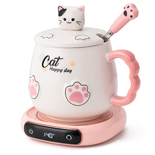 Bgbg Coffee Mug Warmer & Cute Cat Mug Set, Beverage Cup Warmer for Desk Home Office with Three Temperature Up to 140℉/ 60℃, Coffee Warmer for Cocoa Milk Tea Water Candle, 8 Hours Auto Shut Off - White