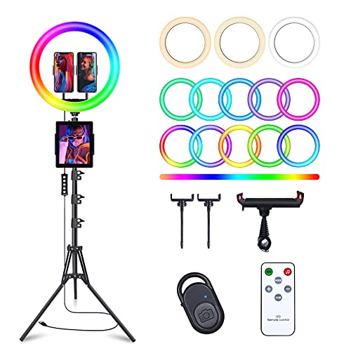 13" Selfie Ring Light with 63" Tripod Stand & 3 Phone Holder, LED Camera Ringlight with 48 RGB Colors Modes & Musical Rhythm Mode and 12 Brightness Dimmable for Makeup/Photography/Videos/Vlog/TikTok - 13" Musical Version