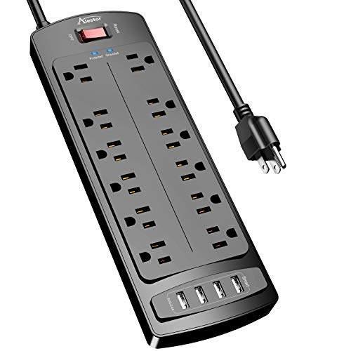 Power Strip, ALESTOR Surge Protector with 12 Outlets and 4 USB Ports, 6 Feet Extension Cord (1875W/15A), 2700 Joules, ETL Listed, Black - 6 Feet