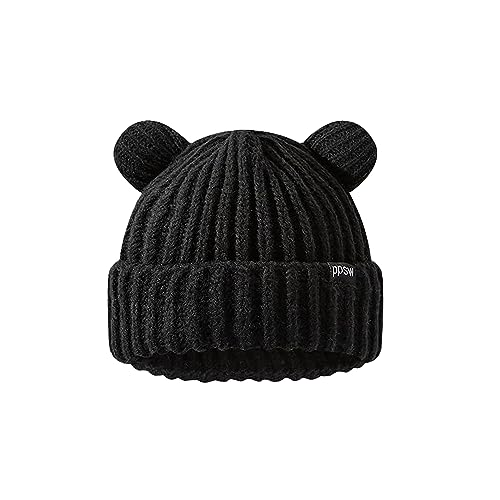 VPTMRP Bear Ear Hat Big Cute Beanie Hat Knit Cap Warm Slouchy Crochet Hat - Medium-Large - Black