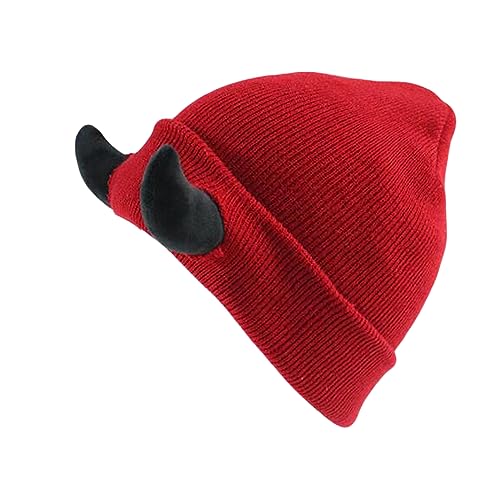 Honganda Devil Horn Knitted Beanie Hat for Adult, Novelty Women Men Demon Horns Cap Winter Warm Hip Hop Hat - Red - One Size