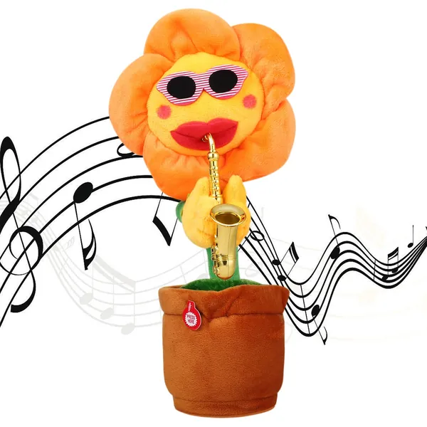 Musical Singing Dancing Repeating Talking Sunflower Soft Plush Funny Creative Saxophone Kids Toy(Yellow) - 