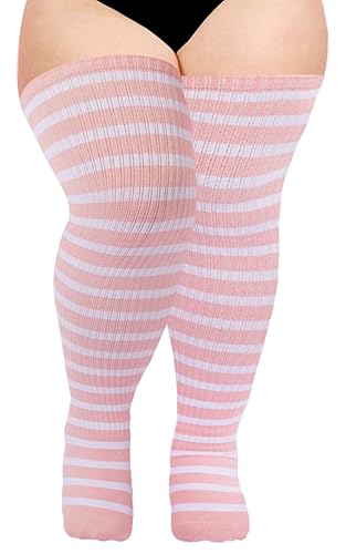 Moon Wood Plus Size Thigh High Socks for Women Knit Cotton Extra Long Halloween Over the Knee High Socks Leg Warmers - Pink & White