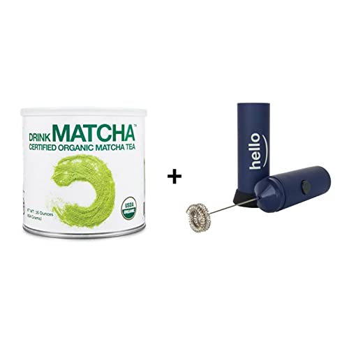 MATCHA DNA Certified Organic Matcha Green Tea Powder (16 oz TIN CAN) & HELLO Milk Frother - Double Whisk Head, Handheld Battery Operated Electric Foam Maker With Stand (BLUE)