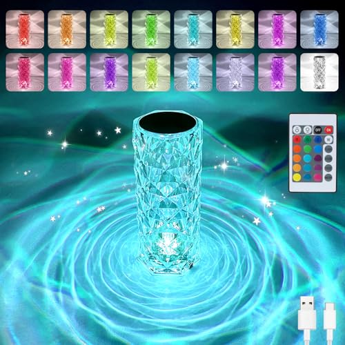 Deogos Crystal Diamond Rose Table Lamp, Remote and Touch Control Nightstand Lamps, RGB LED Night Light, Bedside Lamps, Dimmable, USB Rechargeable, Decoration for Home, Office, Dating Place, Party - RGB 1Pack