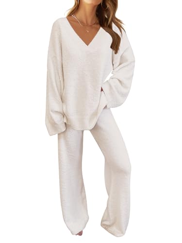 MEROKEETY Women's 2 Piece Outfits Fuzzy Fleece Pajama Set Long Sleeve Top Wide Leg Pants Loungewear - Large - Beige