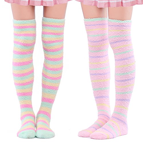 LittleForBig Cute Coral Fleece Thigh High Long Striped Socks 2 Pairs - One Size - Green/Pink