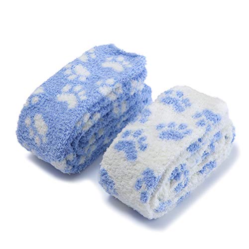 LittleForBig Cute Coral Fleece Thigh High Long Paws Patten Socks 2 Pairs - One Size - Blue