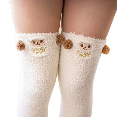 Binoster Cute Thigh High Long Striped Socks Coral Fleece Warm Soft Over Knee High Socks, Women's and Girl's - 3 - Sheep