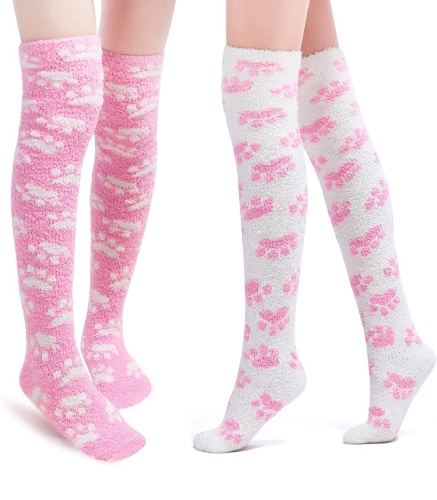 Littleforbig Cute Coral Fleece Thigh High Long Paws Pattern Socks 2 Pairs, Pink, Large : Amazon.co.uk: Fashion