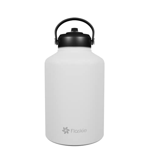 Flaskie Reusable Water Bottle 1892 ml (64oz) | Premium Double Walled Stainless Steel | Vacuum Insulated Flask | Carry Loop Straw Lid | Leakproof & BPA Free | Cold for 24 Hrs, Hot for 12 Hrs (White) - 1892 ml (64oz) - White