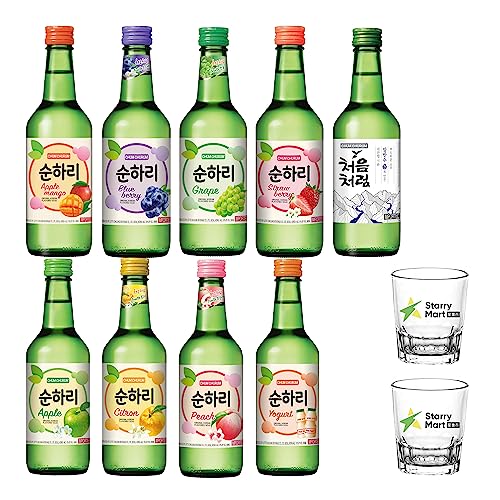 Lotte Chum Churum Soju 12-18% Alc./Vol 360ml - Pack of 6 (Random Flavours + 2 Soju Glasses)