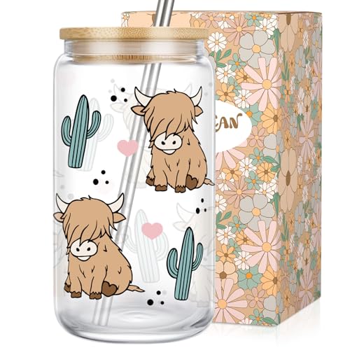 LEADO Cow Cup, Cow Coffee Mug, 16oz Glass Cups with Lid and Straw - Highland Cow Gifts, Cow Gifts for Woman - Cute Birthday, Christmas Gifts for Women, Cow Lover Gifts, Highland Cow Stuff