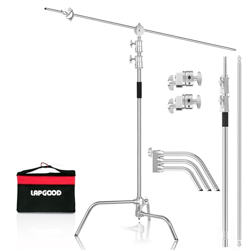 Lapgood 100% Stainless Steel Heavy Duty C Stand with Boom Arm - Max Height 10.8ft/330cm Photography Light Stand with 4.2ft/127cm Holding Arm, 2 Grip Head for Studio Monolight, Softbox, Reflector - C stand