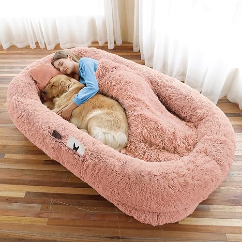 Human Dog Bed, 71''x45''x12'' Size Fits You and Pets, Washable Faux Fur Dog Bed for People Doze Off, Napping Orthopedic Dog Bed, Present Plump Pillow, Blanket, Strap - Pink - 71.0"L x 45.0"W x 12.0"Th - Pink