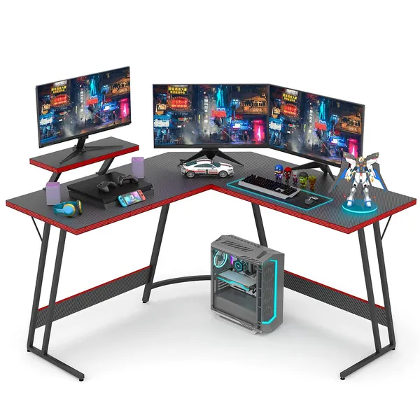Devoko L Shaped Gaming Desk 51 Inch Computer Corner Table Home Office Desk Gamer Table with Large Monitor Riser Stand Carbon Fibre Surface (Black) -