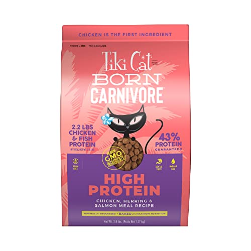 Tiki Cat Born Carnivore High Protein, Chicken, Herring & Salmon Meal, Grain-Free Baked Kibble to Maximize Nutrients, Dry Cat Food, 2.8 lbs. Bag - Chicken, Herring & Salmon Meal - 44.8 Fl Oz (Pack of 1)
