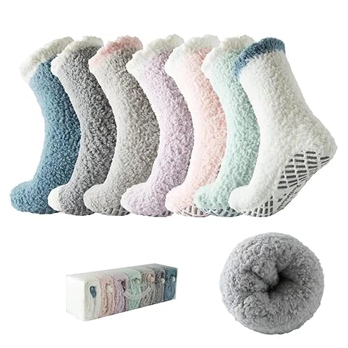 Bulinlulu Fuzzy Socks for Women with Grips Plush Fuzzy Socks Sleep Cozy socks Sleep Socks Winter Soft Fluffy Socks - Blue/Dark Grey/Brown/Purple/Pink/Green/White