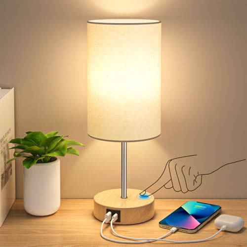 AKASUKI Table Lamp for Bedroom, 3 Way Dimmable Touch Lamp with Dual Charging Station, Small Bedside Lamps for Night Stands, Living Room, Office(LED Bulb Included) - Cream Shade-Wood Base - 14.25 in