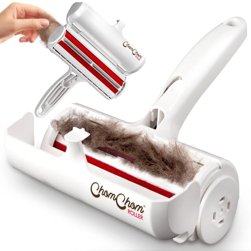 Chom Chom Roller Pet Hair Remover and Reusable Lint Roller - ChomChom Cat and Dog Hair Remover for Furniture, Couch, Carpet, Clothing and Bedding - Portable, Multi-Surface Fur Removal Tool - White