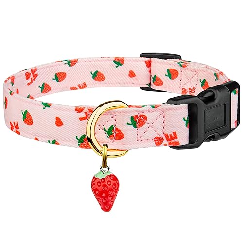 Cotton Handmade Dog Collar Cute and Distinctive Patterns Pink Strawberries with Pendant for Girl Boy Dogs Collars M - Pink Strawberries - M