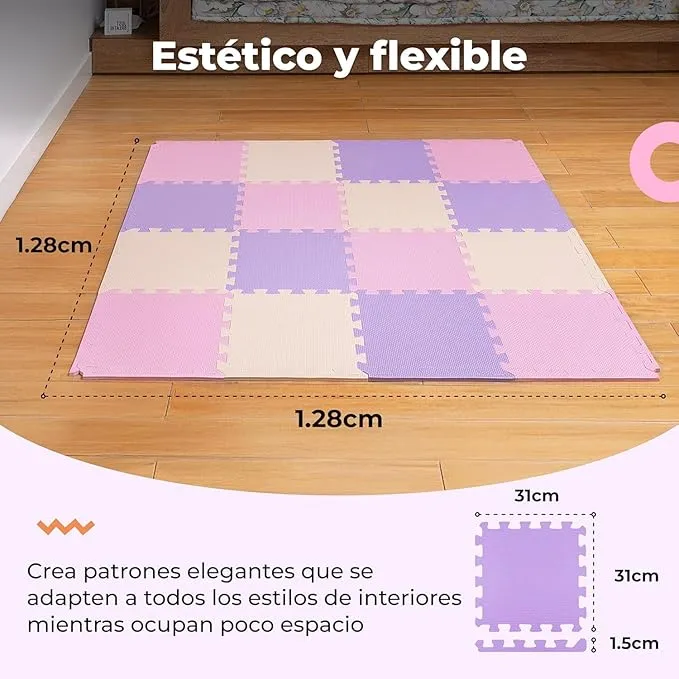 MioTetto Tapete para Bebe - Tapete Foamy Seguro, no tóxico, antideslizante. Tapete para rompecabezas ideal para gateo, juego y gimnasio para bebe. Alfombra infantil ajustable y hermoso para tu espacio - 16 - Pink-purple-beige