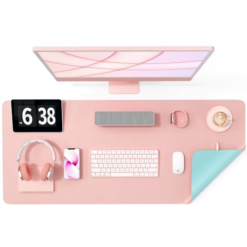 Crenovo Non Slip 39.4" x 16.9" Desk Size PU Leather Desk Protector, Dual Side Waterproof Desk Pad, Desk Mat for Desktop, Desk Pad for Keyboard and Mouse, Office and Home, Pink x Blue - Blue & Pink - 39.4" x 16.9"