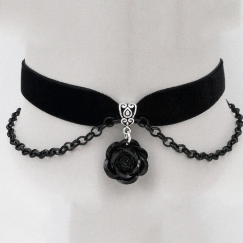 Gothic Alternative Black Rose Charm Choker - Black