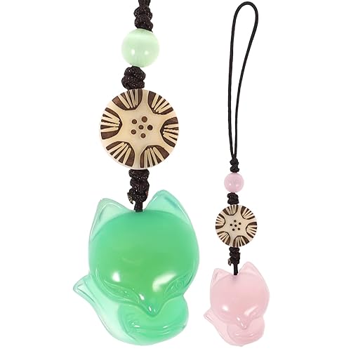 Cell Phone Chain Pendant- Little Fox Phone Strap Pendant, Agate Jade Hanging Pendant, Key Chain Phone Charm Bag Decoration, Creative for Friends 2PCS (Green, Pink)