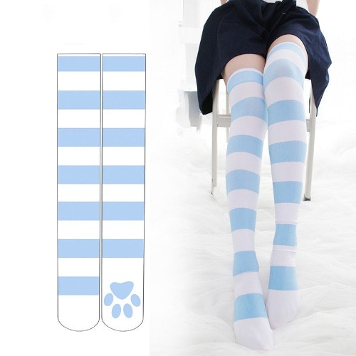 Kitten Paw Striped Socks - Blue