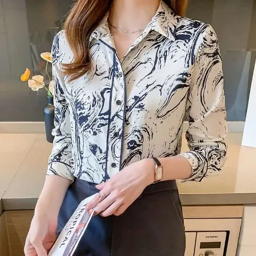 Ink Painting Print Long Sleeve Lapel Shirt Workwear