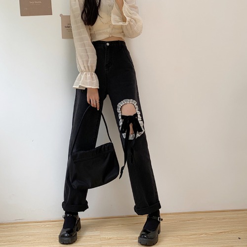 Chic Lace Up Wide Leg Denim Pants