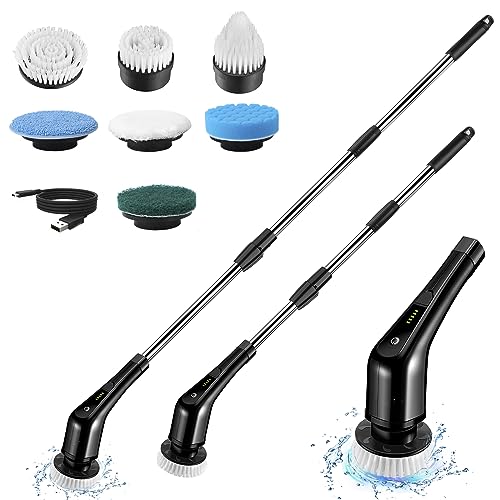 Exfeeko Electric Spin Scrubber, Cordless Bath Tub Power Scrubber with Long Handle & 7 Replaceable Heads, Detachable as Short Handle, Shower Cleaning Brush Household Tools for Tile Floor & Bathroom - Black