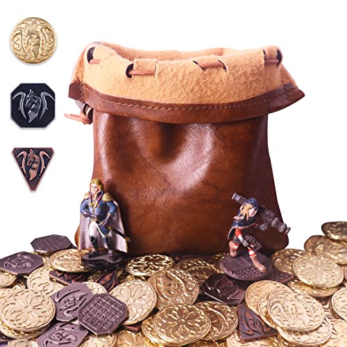 70PCS Metal DND Coins & PU Leather Bag, Contains 30 Gold Coins, 20 Sliver Coins and 20 Copper Coins, Fantasy Coins for Board Game, Game Token with Retro Leather Pouch, Medieval Game Retro Props