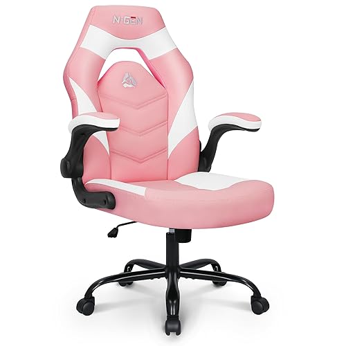 N-GEN Video Gaming Computer Chair Ergonomic Office Chair Desk Chair with Lumbar Support Flip Up Arms Adjustable Height Swivel PU Leather Executive with Wheels for Adults Women Men (Pink) - Pink