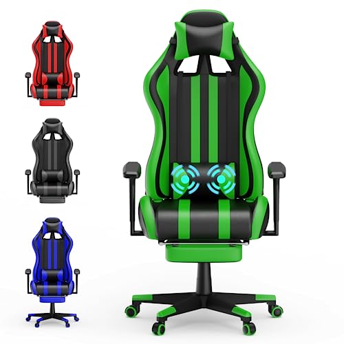 Soontrans Green Gaming Chair with Footrest,Racing Ergonomic Massage Gaming Chairs for Adults Work in Office,Height Adjustable Gamer Chair,360° Swivel Computer Chair,Reclining Silla Gamer - Green