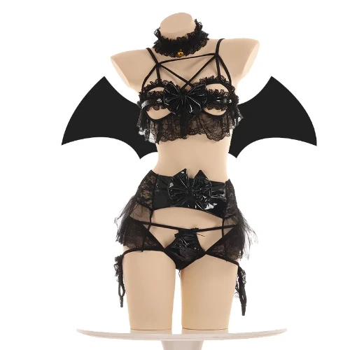Lencería Sexy de murciélago de encaje para mujer, Conjunto de sujetador de copa abierta, Bikini de Cosplay de Diablo, alas de Anime Lolita, ropa exótica de cuero Pu - AliExpress 