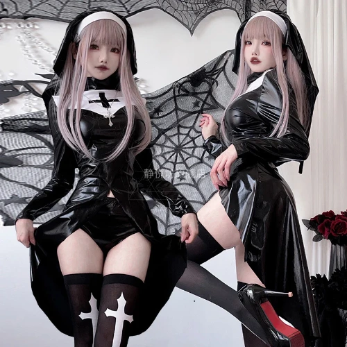 Vestido de Pascua de Cosplay de monja Sexy para mujer, pañuelo gótico cruzado en la cabeza, pantalones cortos, Y2k, tentación, club nocturno, Bar, disfraces de Halloween - AliExpress 200000532