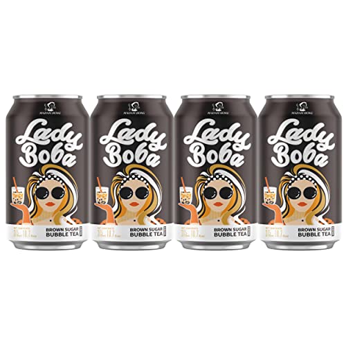 (Pack of 4) Lady Boba 4 Cans. Milk Bubble Tea with Boba Pearls in a Can (10.7oz/can) with Thank You Card. Choose One from Variety of Flavors: Assorted, Classic, Brown Sugar, Taro, Matcha Latte. Ready To Drink Beverage. (Brown Sugar) - Brown Sugar