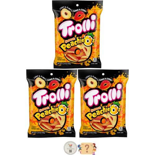 Trolli Gummy Candy - (Pack of 3) Share Size Peg Bags + BONUS Mystery Candy (4.25 oz, Peachie O's) - Peachie O's - 4.25 Ounce (Pack of 3)