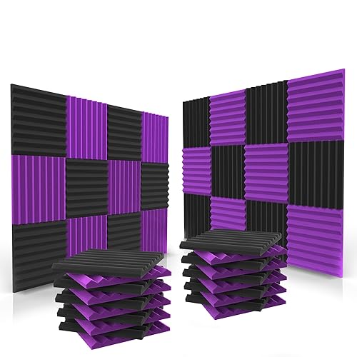 52 Pack Acoustic Panels 1 X 12 X 12 Inches - Acoustic Foam - Studio Foam Wedges - High Density Panels - Soundproof Wedges - Black/Purple - 52 Black/Purple - Black/Purple