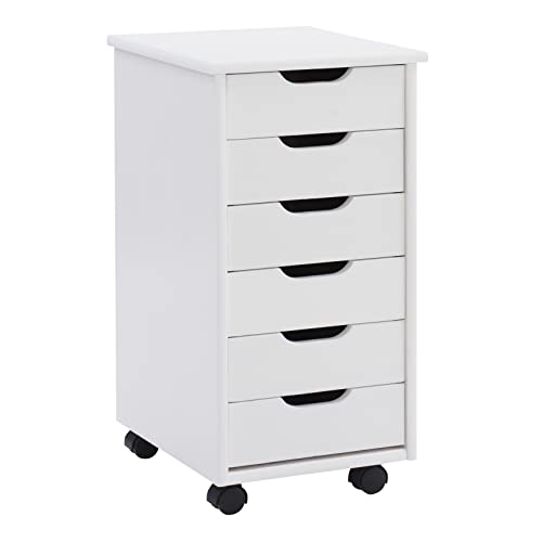 Linon Home Decor Products Corinne Six Drawer Storage, White Wash Rolling Cart - White Wash - Six Drawers