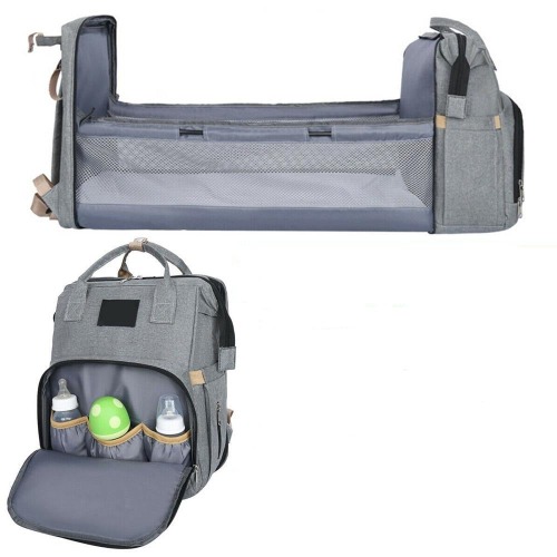 Multi-Use Stroller Diaper Bag with Baby Bed - Gray