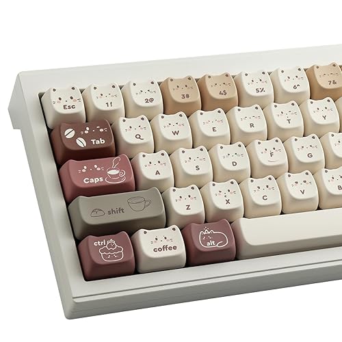 TYRIXKI PBT Keycaps 142 Keys Cute Keycaps Dye-Sublimation Coffee Cat Keycaps Mao Profile Custom Keycaps for Cherry Gateron MX Swithes Mechanical Gaming Keyboards
