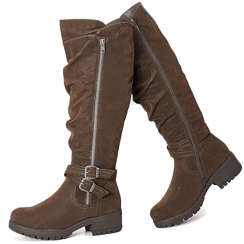 Ruiee Women's Knee High Boots - Stylish and Comfortable Round Toe Tall Riding Combat Boots with Side Zipper Closure for Fall and Winter Wear For Women - 9.5 - Brown Pu 005