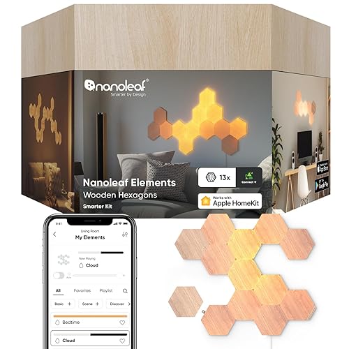 Nanoleaf Elements Hexagon Starter Kit, 13 Smarten Holzoptik LED Panels - Modulare Dimmbare WLAN Wandleuchte Innen, Musik Sync, Funktioniert mit Alexa Google Apple, Deko Wohnzimmer Schlafzimmer Büro - 13er Starterpack