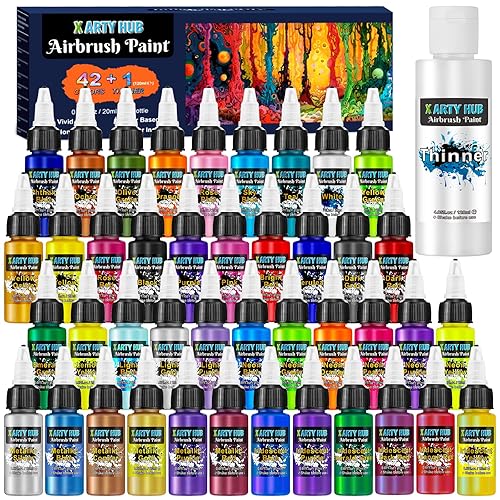 X ARTY HUB Airbrush Farbe - 42 Farben mit 120 ml Verdünnern, Schillernde, Neonfarbene und Metallische Airbrush Farben Acryl, Gebrauchsfertig, Wasserbasiertes Airbrush-Malset für Künstler und Anfänger - 42 Farben mit 120 ml Verdünner