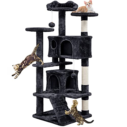 Yaheetech Rascador para Gatos Grandes Torre para Gatos Casitas de Sisal Centro de Actividad para Gatos Medianos Altura 138.5 cm Negro - 49×49×138.5 cm - Negro