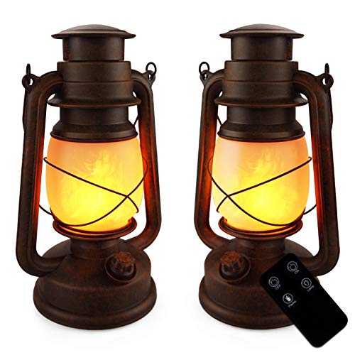 LED Vintage Lantern Battery Operated Rustic Lantern Outdoor Decoration Flickering Flame Western Lantern Hanging Lamp with Remote for Halloween Decor, Christmas Decor, Yard Door Front Decor, 2 Pack - Battery operated